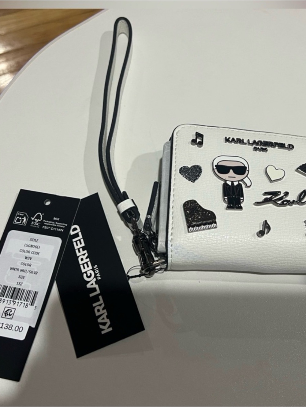 Karl Lagerfeld White Leather Wristlet Wallet with Enamel Charms